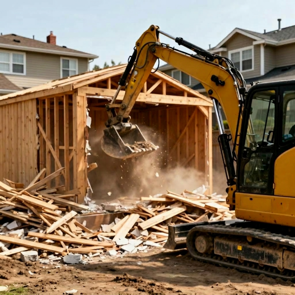 Supervisor in hard hat watching a CAT 308 demolish a wooden shed structure