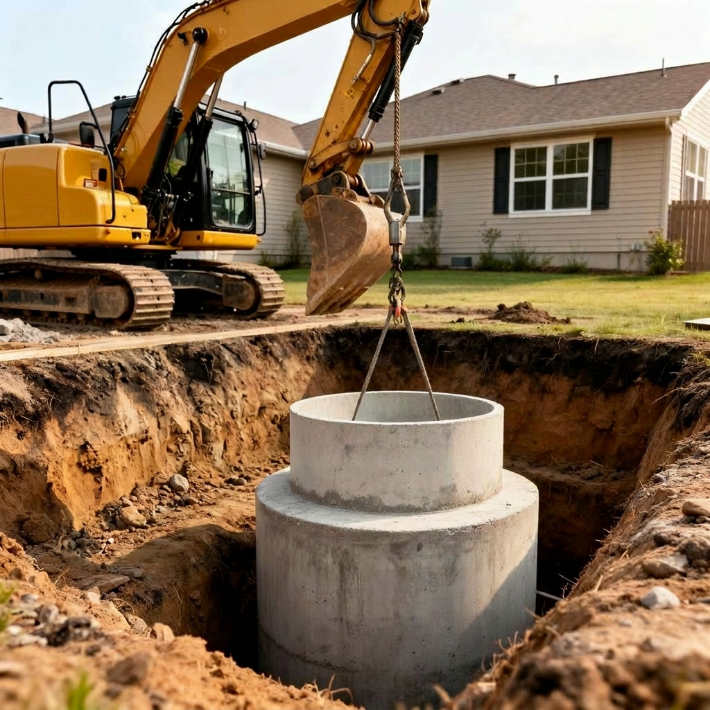 Worker inspecting a concrete septic tank being lowered into an excavation pit